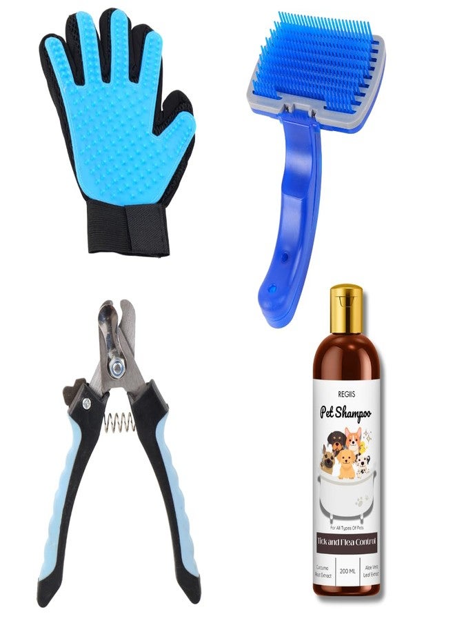 مجموعة العناية بالحيوانات الأليفة مع قفاز وفرشاة ومقص أظافر وشامبو لمكافحة البراغيث، أزرق وأسود (عبوة من 4 قطع) - Image 1